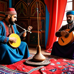 **A photo showcasing Turkish and Armenian folk musicians playing traditional instruments together in a vibrant, colorful setting, symbolizing cultural exchange and shared musical heritage.** (Focus: Unity through music)
