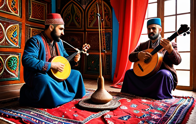 **A photo showcasing Turkish and Armenian folk musicians playing traditional instruments together in a vibrant, colorful setting, symbolizing cultural exchange and shared musical heritage.** (Focus: Unity through music)