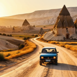 A solo traveler drives a vintage-style rented car through a less-explored, dusty road in Cappadocia, revealing unique, hidden fairy chimney formations under a warm golden hour light. The scene emphasizes freedom, discovery, and the vast, otherworldly landscape, with the traveler feeling a deep connection to the untouched beauty.