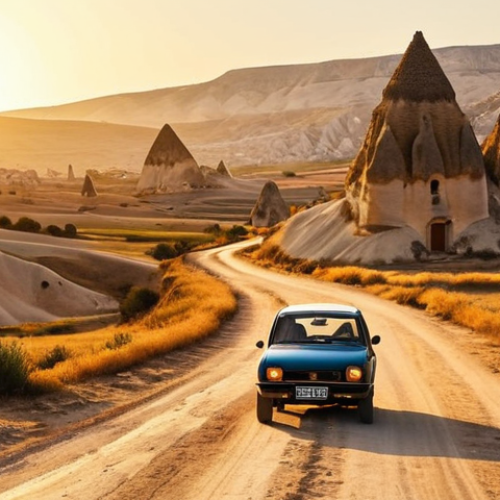 Home 22 A solo traveler drives a vintage-style rented car through a less-explored, dusty road in Cappadocia, revealing unique, hidden fairy chimney formations under a warm golden hour light. The scene emphasizes freedom, discovery, and the vast, otherworldly landscape, with the traveler feeling a deep connection to the untouched beauty.