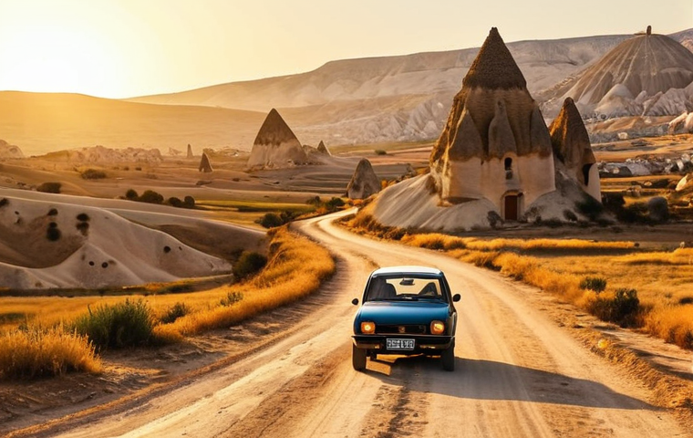 A solo traveler drives a vintage-style rented car through a less-explored, dusty road in Cappadocia, revealing unique, hidden fairy chimney formations under a warm golden hour light. The scene emphasizes freedom, discovery, and the vast, otherworldly landscape, with the traveler feeling a deep connection to the untouched beauty.