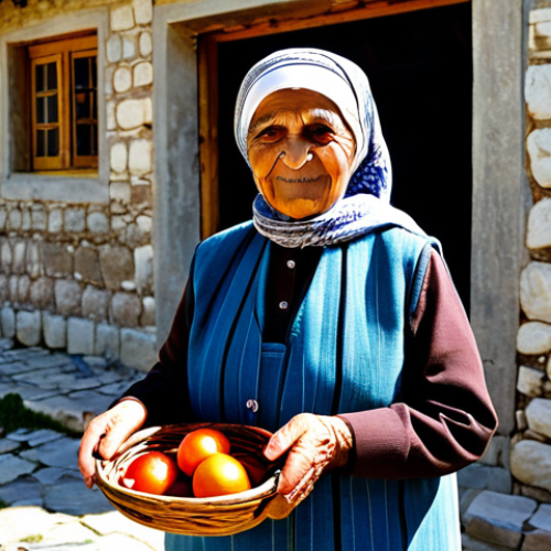 Home 21 A kind-faced Turkish village elder, female, in a modest, traditional Anatolian dress with a headscarf, fully clothed, appropriate attire, standing warmly in front of a rustic stone house in a peaceful, sun-dappled Anatolian village. She is holding a small, hand-woven basket, embodying local hospitality and timeless tradition. The background features blooming flowers and a distant view of rolling hills under a clear blue sky. Perfect anatomy, correct proportions, natural pose, well-formed hands, proper finger count, natural body proportions. Professional photography, high quality, vibrant colors, soft natural light, safe for work, appropriate content, fully clothed, modest, family-friendly.