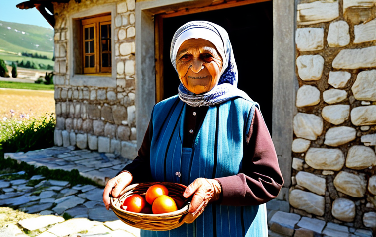A kind-faced Turkish village elder, female, in a modest, traditional Anatolian dress with a headscarf, fully clothed, appropriate attire, standing warmly in front of a rustic stone house in a peaceful, sun-dappled Anatolian village. She is holding a small, hand-woven basket, embodying local hospitality and timeless tradition. The background features blooming flowers and a distant view of rolling hills under a clear blue sky. Perfect anatomy, correct proportions, natural pose, well-formed hands, proper finger count, natural body proportions. Professional photography, high quality, vibrant colors, soft natural light, safe for work, appropriate content, fully clothed, modest, family-friendly.