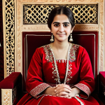 A young Turkish bride-to-be wearing a modest, richly embroidered traditional red 'bindallı' dress, fully clothed, appropriate attire. She is seated elegantly on a 'kına tahtı' (henna throne) in a beautifully decorated kına night venue, adorned with traditional Turkish patterns and soft, warm lighting. Female family members and friends are respectfully gathered around in the background, out of focus. The mood is calm, reflective, and graceful. Professional photography, high resolution, detailed, cinematic lighting, perfect anatomy, correct proportions, natural pose, well-formed hands, proper finger count, natural body proportions, safe for work, appropriate content, fully clothed, modest, family-friendly.
