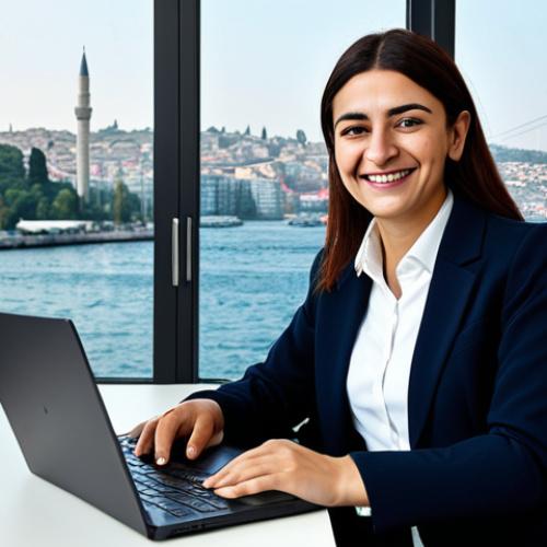 Home 9 **
"A professional businesswoman in a modest business suit, smiling confidently, working on a laptop in a modern Istanbul office with a view of the Bosphorus. Fully clothed, appropriate attire, safe for work, perfect anatomy, natural proportions, professional photography, high quality, family-friendly."
**