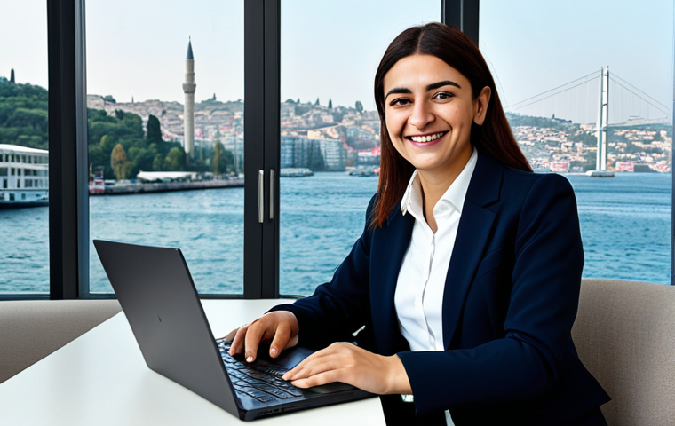 **

"A professional businesswoman in a modest business suit, smiling confidently, working on a laptop in a modern Istanbul office with a view of the Bosphorus. Fully clothed, appropriate attire, safe for work, perfect anatomy, natural proportions, professional photography, high quality, family-friendly."

**